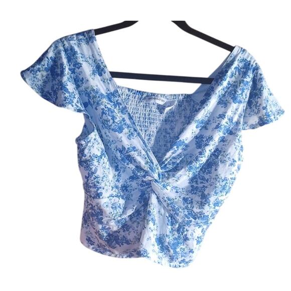 Midnight Velvet Tops - Midnight Sky Baby Doll Smocked Floral Blue White Top Linen Blend Women's Large